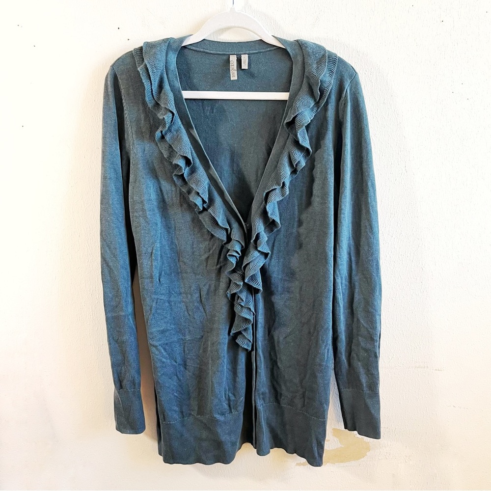 Caslon Cardigan Teal Ruffled Collar V Neck Button Front Sz L EUC Long Sleeves